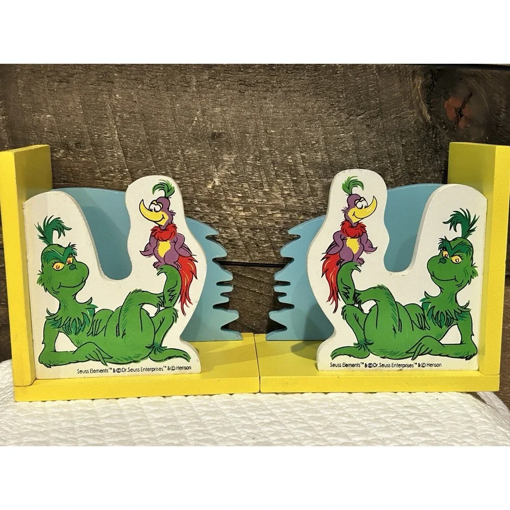 Vintage Dr Seuss Bookends‎ Wooden Grinch Boo Yellow Henson Nursery Play Room EUC